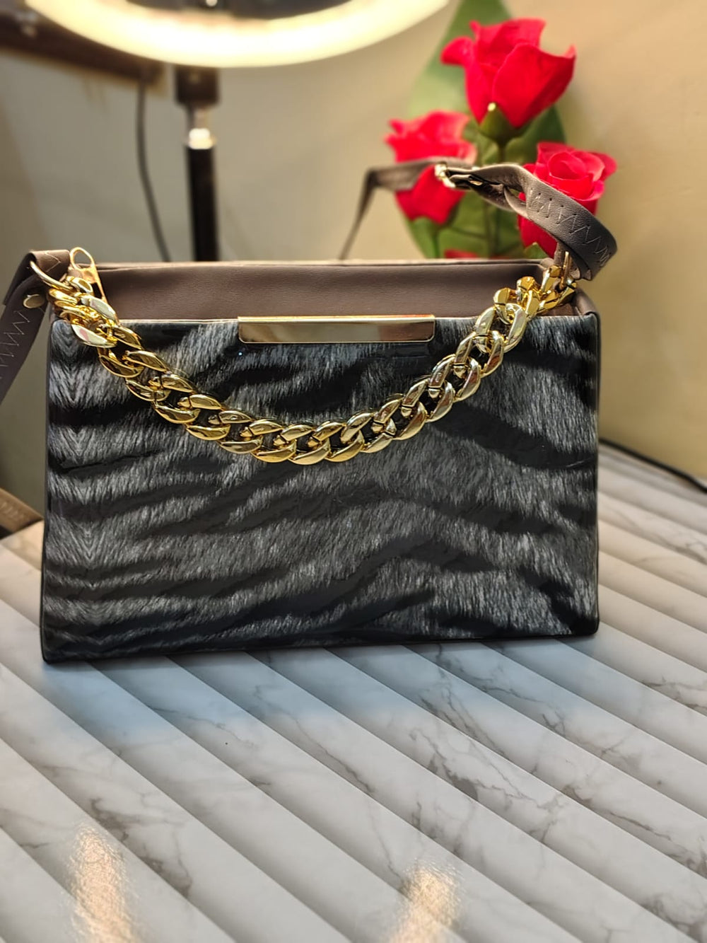 Wild Glam Zebra Print Chain Handbag