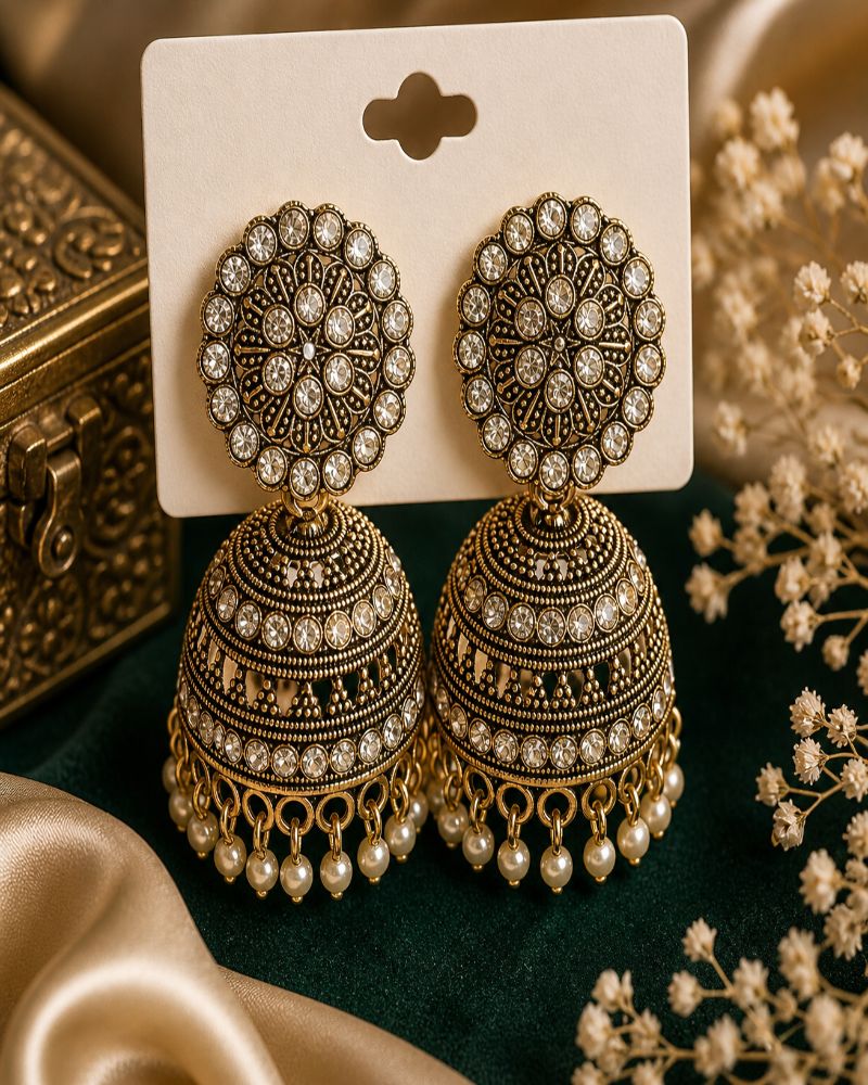 Shahi Noor Antique Gold Jhumka Earrings