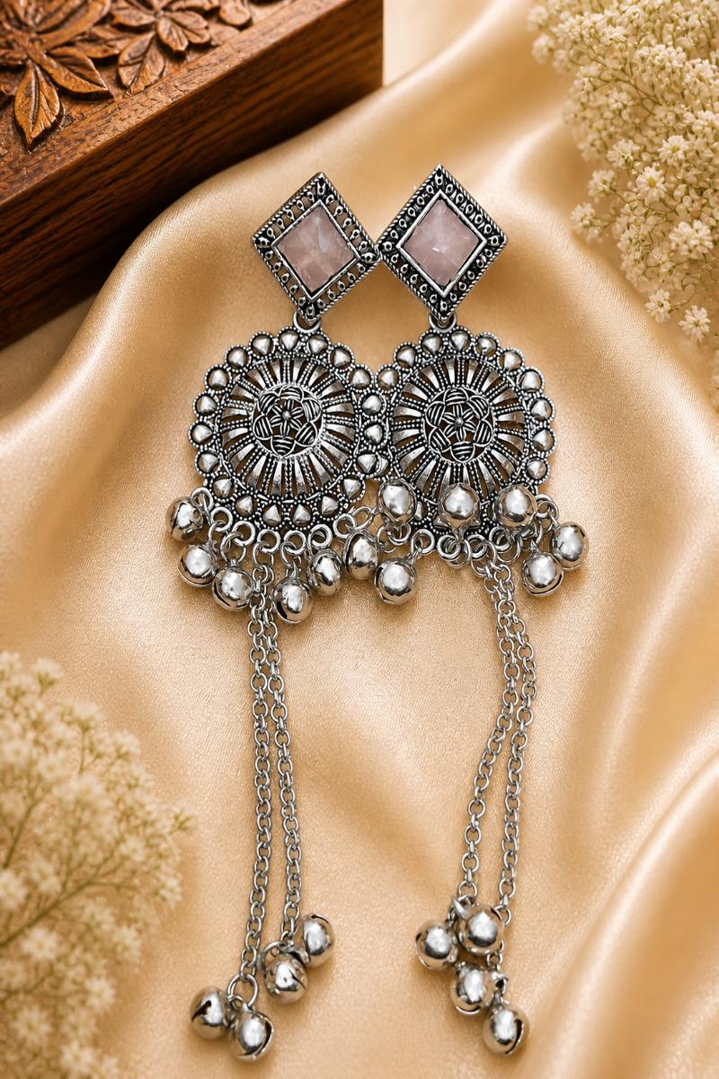 Chandni Chakra Pink Stone Ghungroo Drop Earrings