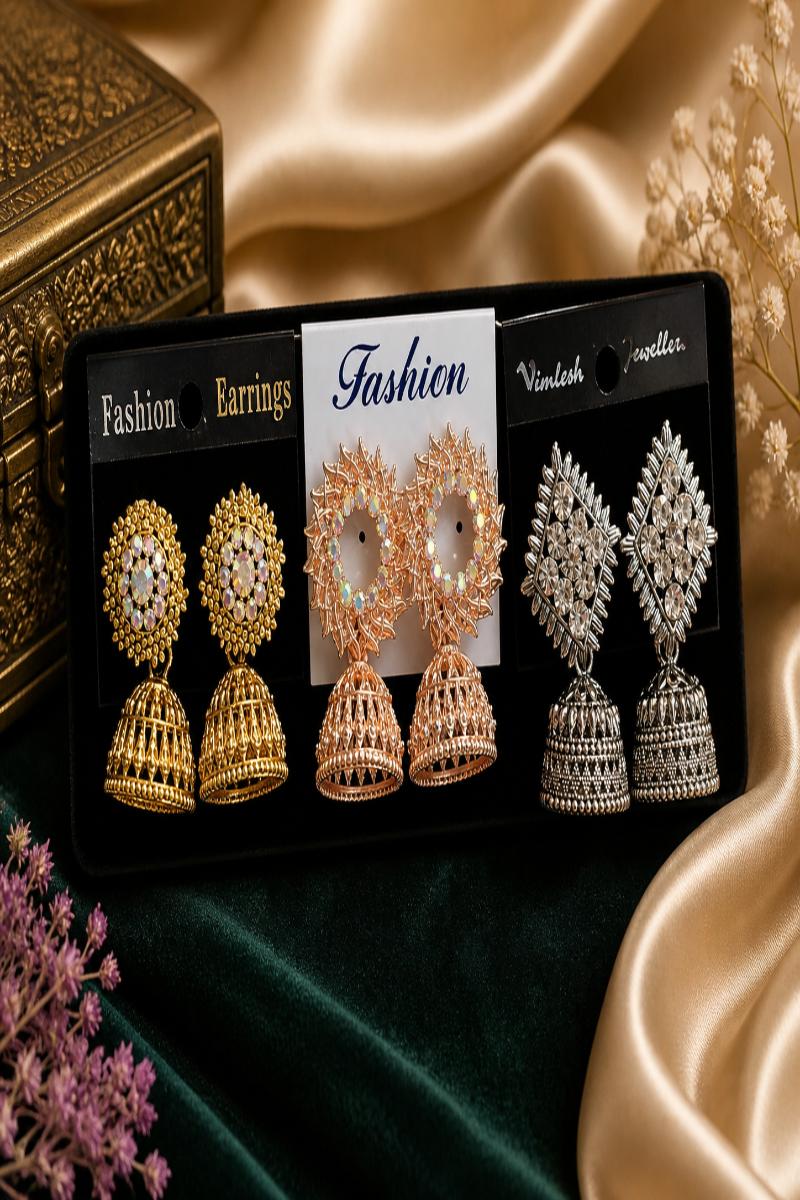 Tri-Tone Treasure Jhumka Earrings Combo Set