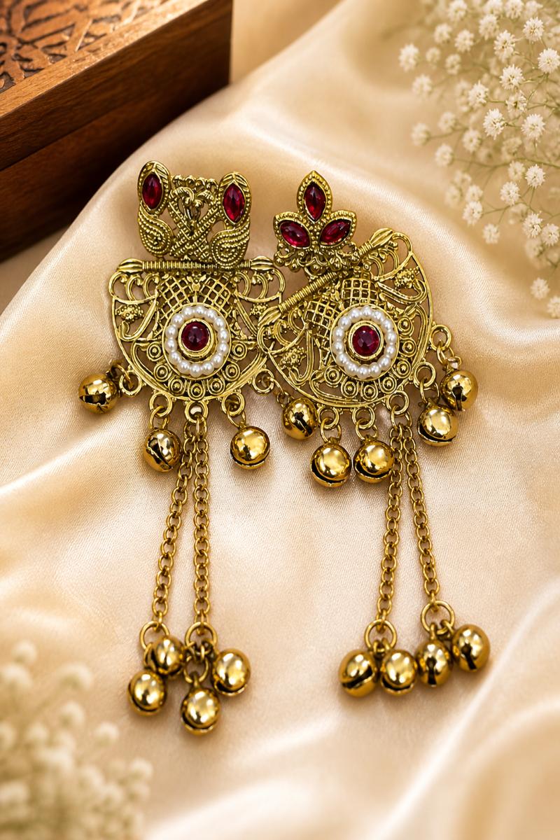 Rajwada Peacock Ghungroo Chain Drop Earrings