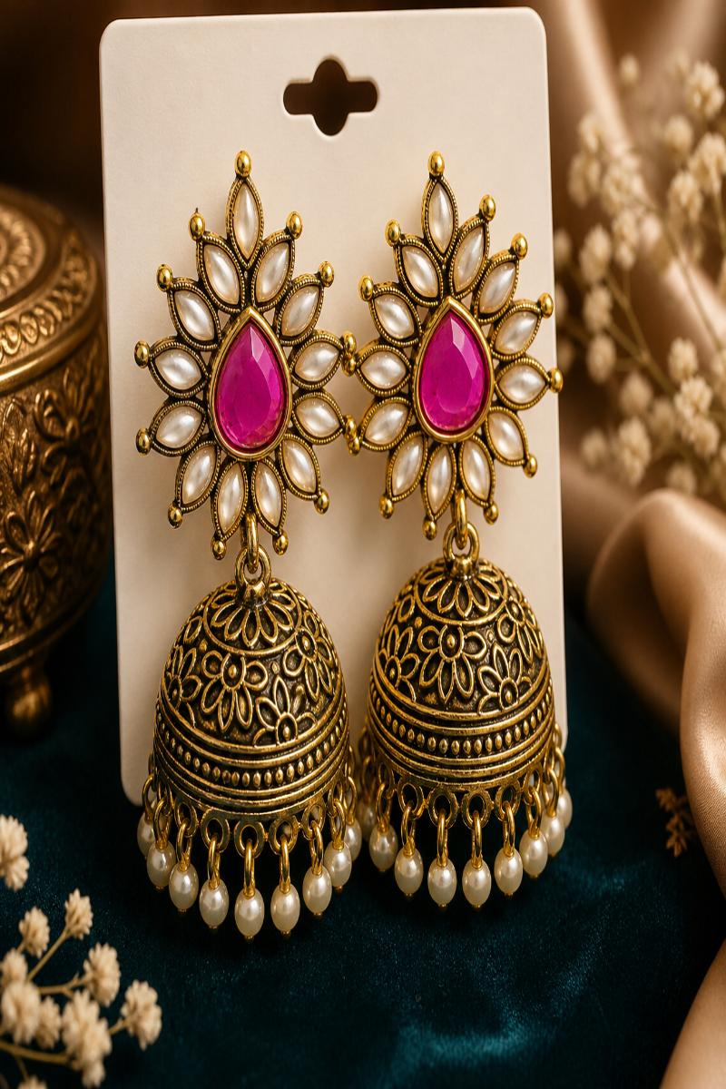 Gulaab Bahaar Pink Pearl Jhumka Earrings